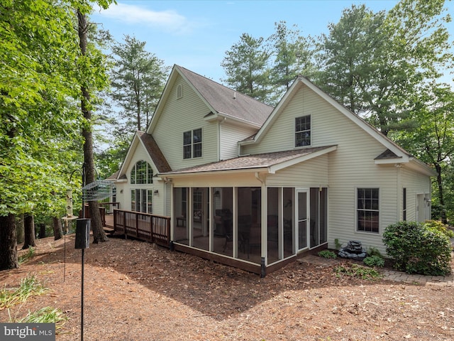 228 Sunset Cir, Cross Junction, VA 22625 - back of house with a sunroom, a shingled roof, and a wooden deck