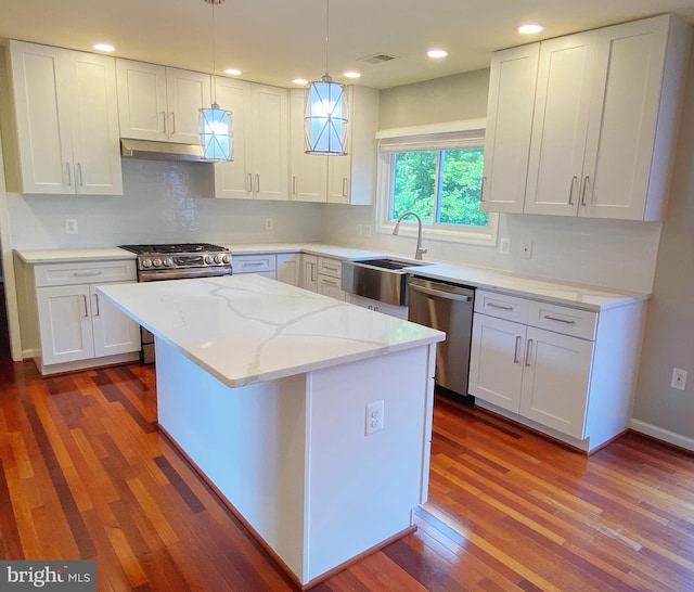 1176 Bandy Run Rd, Herndon, VA 20170 - kitchen featuring appliances with stainless steel finishes, a sink, dark wood-style flooring, white cabinets, and recessed lighting
