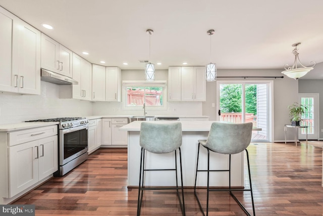 1176 Bandy Run Rd, Herndon, VA 20170 - kitchen featuring stainless steel range with gas cooktop, under cabinet range hood, a sink, a breakfast bar area, and a kitchen island
