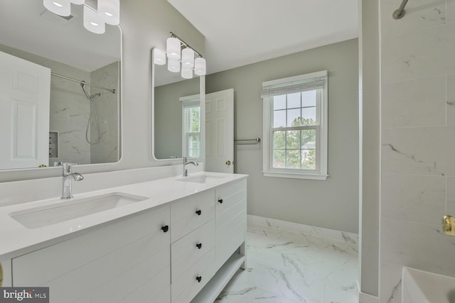 1176 Bandy Run Rd, Herndon, VA 20170 - full bath with marble finish floors, double vanity, a marble finish shower, and baseboards