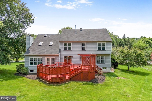 1176 Bandy Run Rd, Herndon, VA 20170 - rear view of property with a deck, a chimney, a yard, and a shingled roof