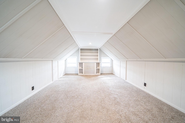 27 Shelbourne Rd, Havertown, PA 19083 - bonus room featuring vaulted ceiling, carpet floors, built in features, and wood walls