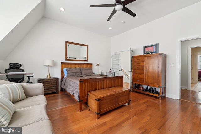 14 E Preston St, Baltimore, MD 21202 - bedroom with hardwood / wood-style floors, vaulted ceiling, recessed lighting, baseboards, and ceiling fan