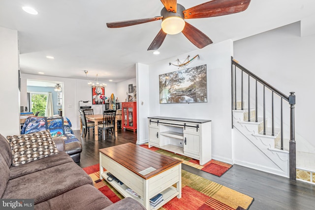 656 48th St, Baltimore, MD 21224 - living room featuring ceiling fan, wood finished floors, recessed lighting, stairway, and baseboards