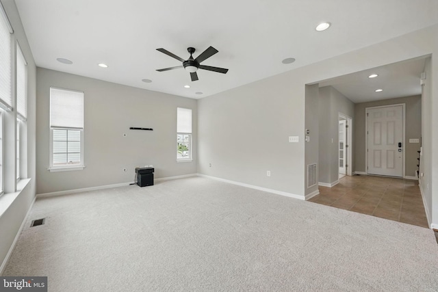11 Worsham Ln, Fredericksburg, VA 22405 - unfurnished living room with carpet, ceiling fan, healthy amount of natural light, baseboards, and recessed lighting