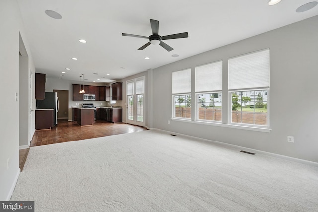 11 Worsham Ln, Fredericksburg, VA 22405 - unfurnished living room featuring carpet floors, recessed lighting, baseboards, and a ceiling fan