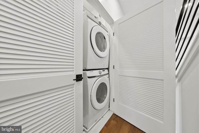 1242 Meigs Pl NE Unit C, Washington, DC 20002 - laundry area with estacked washer and dryer and dark wood-style floors