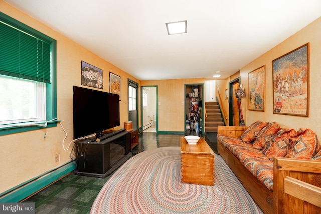 337 Greene Rd, Berwyn, PA 19312 - living room featuring baseboards, stairs, and a baseboard heating unit
