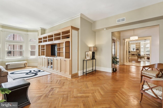 1830 S Rittenhouse Square 12C And 12D, Philadelphia, PA 19103 - living area with baseboards, a chandelier, and crown molding