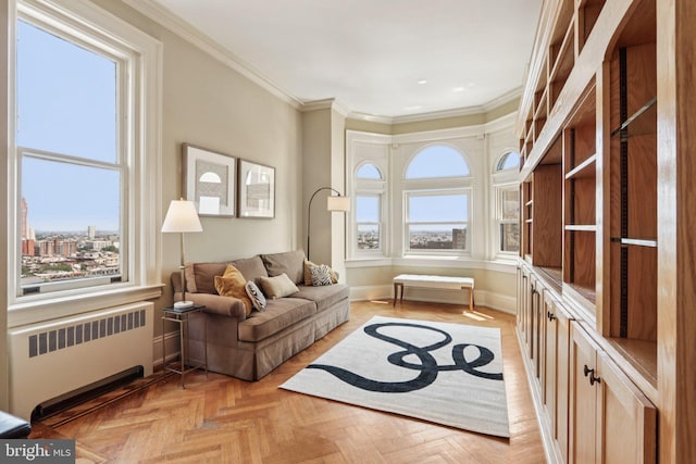 1830 S Rittenhouse Square 12C And 12D, Philadelphia, PA 19103 - living room with radiator, plenty of natural light, ornamental molding, and baseboards