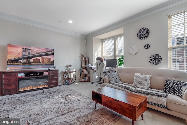 2620 Egret Way, Frederick, MD 21701 - living room with ornamental molding, healthy amount of natural light, a glass covered fireplace, carpet, and recessed lighting