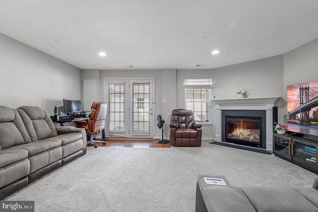 2620 Egret Way, Frederick, MD 21701 - carpeted living area with an office area, recessed lighting, and a fireplace with flush hearth