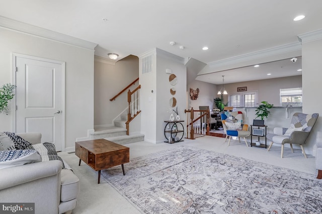 2620 Egret Way, Frederick, MD 21701 - carpeted living room with ornamental molding, recessed lighting, baseboards, and stairs