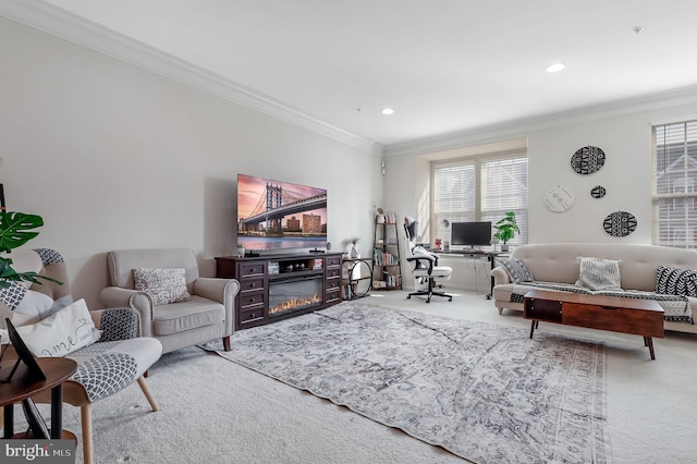 2620 Egret Way, Frederick, MD 21701 - living room with carpet, ornamental molding, a glass covered fireplace, and recessed lighting