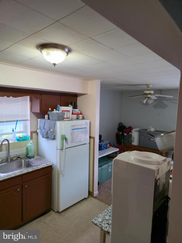 9618 Hoff St, Philadelphia, PA 19115 - kitchen featuring freestanding refrigerator, a sink, refrigerator, a ceiling fan, and light countertops
