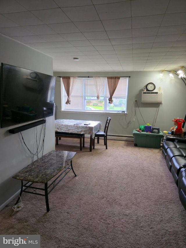 9618 Hoff St, Philadelphia, PA 19115 - living room featuring an AC wall unit, carpet flooring, baseboards, and baseboard heating