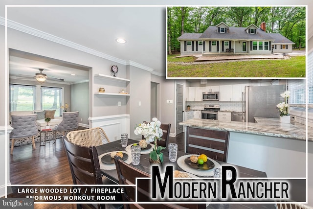 9532 Lyons Mill Rd, Owings Mills, MD 21117 - dining room with crown molding, baseboards, dark wood-style floors, ceiling fan, and recessed lighting