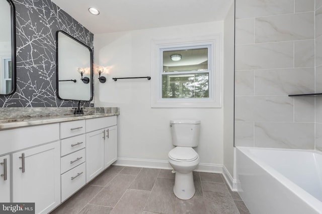 9532 Lyons Mill Rd, Owings Mills, MD 21117 - bathroom with vanity, baseboards, toilet, and wallpapered walls