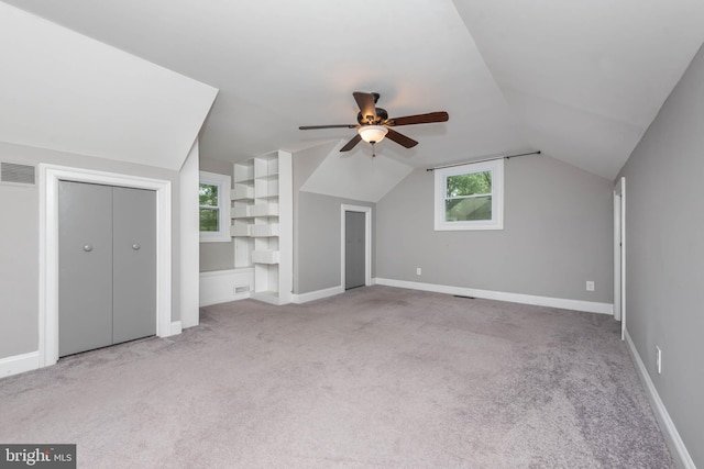 9532 Lyons Mill Rd, Owings Mills, MD 21117 - additional living space featuring carpet flooring, a ceiling fan, lofted ceiling, baseboards, and built in features