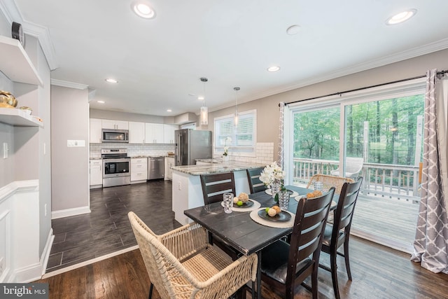 9532 Lyons Mill Rd, Owings Mills, MD 21117 - dining room with dark wood-style floors, ornamental molding, recessed lighting, and baseboards