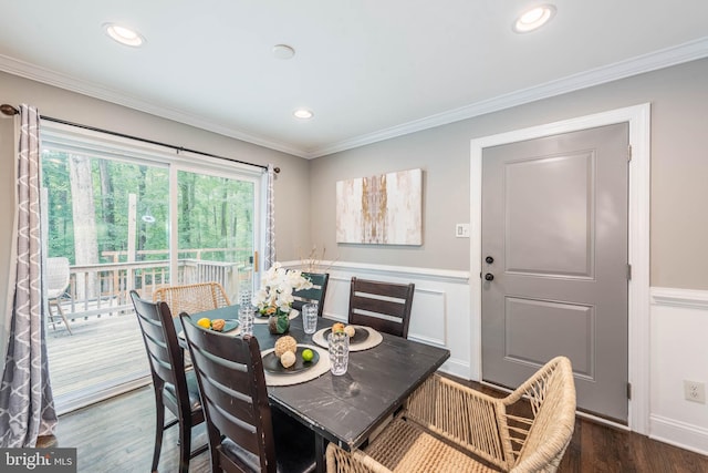 9532 Lyons Mill Rd, Owings Mills, MD 21117 - dining room with dark wood finished floors, wainscoting, recessed lighting, ornamental molding, and a decorative wall
