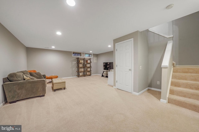 43501 Plantation Ter, Ashburn, VA 20147 - living room featuring carpet, recessed lighting, baseboards, and stairs