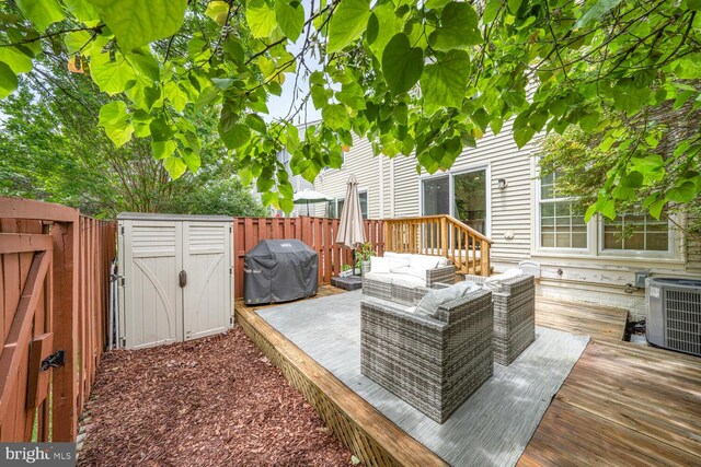 43501 Plantation Ter, Ashburn, VA 20147 - wooden terrace featuring outdoor lounge area, area for grilling, a fenced backyard, and cooling unit