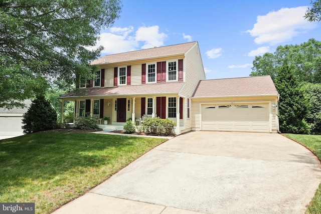 13412 Glen Taylor Ln, Herndon, VA 20171 - colonial inspired home with covered porch, concrete driveway, an attached garage, and a front lawn