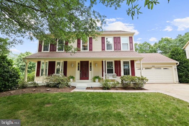 13412 Glen Taylor Ln, Herndon, VA 20171 - colonial home with a porch, concrete driveway, a garage, a front yard, and a shingled roof