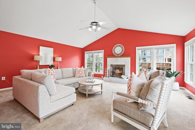 13412 Glen Taylor Ln, Herndon, VA 20171 - living room featuring carpet flooring, vaulted ceiling, ceiling fan, and a fireplace