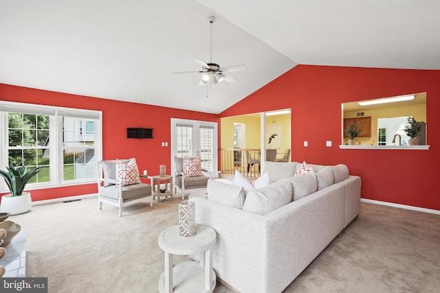 13412 Glen Taylor Ln, Herndon, VA 20171 - living room featuring carpet, lofted ceiling, and ceiling fan