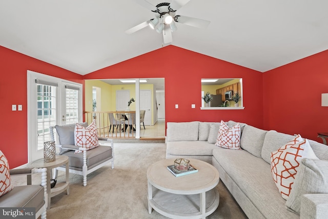 13412 Glen Taylor Ln, Herndon, VA 20171 - living room with lofted ceiling, a ceiling fan, and carpet flooring