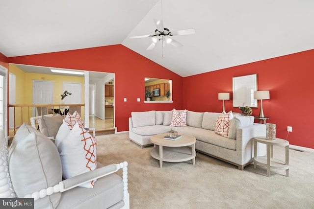 13412 Glen Taylor Ln, Herndon, VA 20171 - living room featuring lofted ceiling, ceiling fan, and carpet flooring