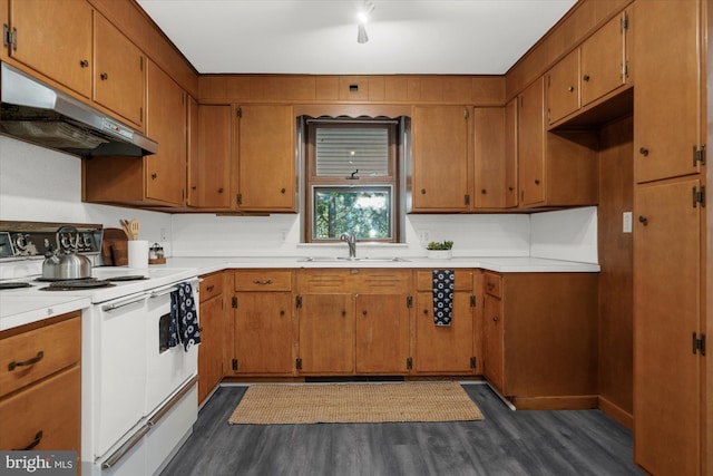 109 W Philadelphia Ave, Boyertown, PA 19512 - kitchen featuring white range with electric stovetop, under cabinet range hood, a sink, and dark wood-style flooring