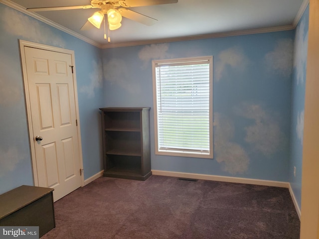 113 Beech Tree Ln, Harrington, DE 19952 - unfurnished bedroom featuring carpet floors, baseboards, ornamental molding, and a ceiling fan