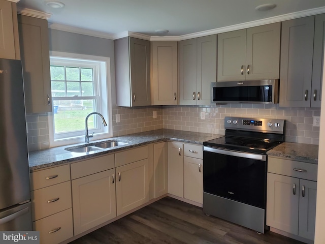 113 Beech Tree Ln, Harrington, DE 19952 - kitchen featuring stainless steel appliances, a sink, light stone counters, dark wood-style floors, and ornamental molding