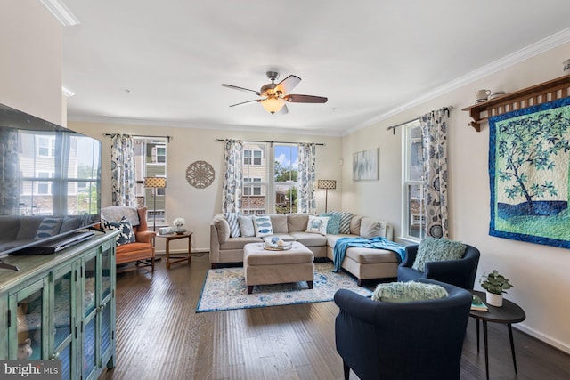8109 Secluded Cove Ln, Dundalk, MD 21222 - living room featuring ceiling fan, dark wood finished floors, ornamental molding, and baseboards