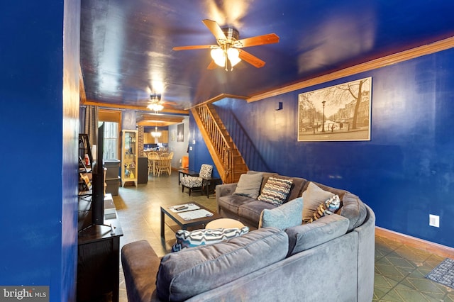 133 W Norris St, Philadelphia, PA 19122 - living room featuring a ceiling fan, stairway, baseboards, and ornamental molding