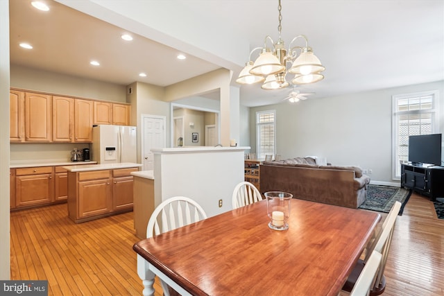 713 Bright Meadow Dr, Gaithersburg, MD 20878 - dining room with a chandelier, light wood-style flooring, recessed lighting, and a ceiling fan