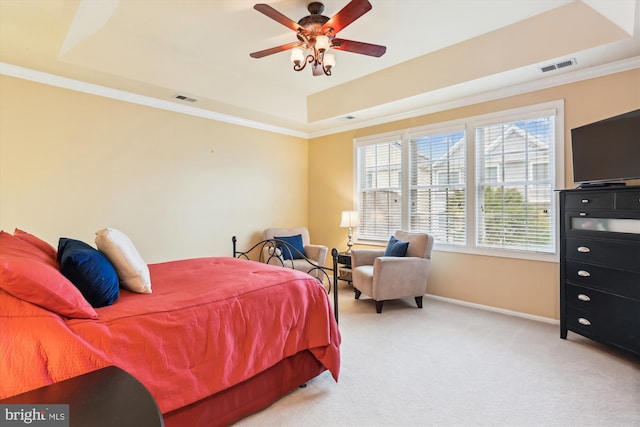 713 Bright Meadow Dr, Gaithersburg, MD 20878 - bedroom with a tray ceiling, ornamental molding, light carpet, and a ceiling fan