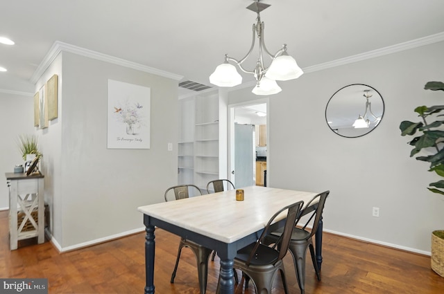 2512 Kitmore Ln, Bowie, MD 20715 - dining space with crown molding, baseboards, a chandelier, dark wood-style flooring, and recessed lighting