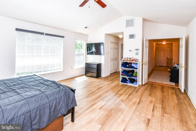 11212 Snowden Pond Rd, Laurel, MD 20708 - bedroom featuring light wood-style flooring, a ceiling fan, baseboards, and high vaulted ceiling