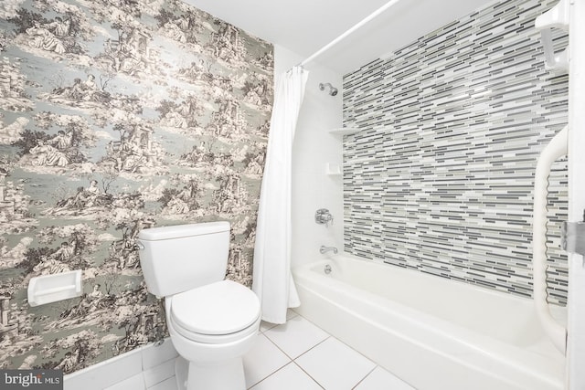 20 Conshohocken State Rd, Bala Cynwyd, PA 19004 - bathroom with tile patterned floors, shower / bathtub combination with curtain, toilet, and wallpapered walls