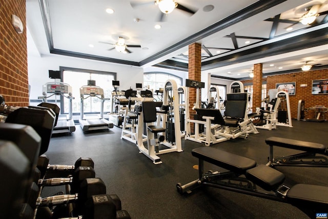 142 Yellowstone Dr Unit 006, Charlottesville, VA 22903 - exercise room featuring ceiling fan, ornate columns, ornamental molding, brick wall, and recessed lighting