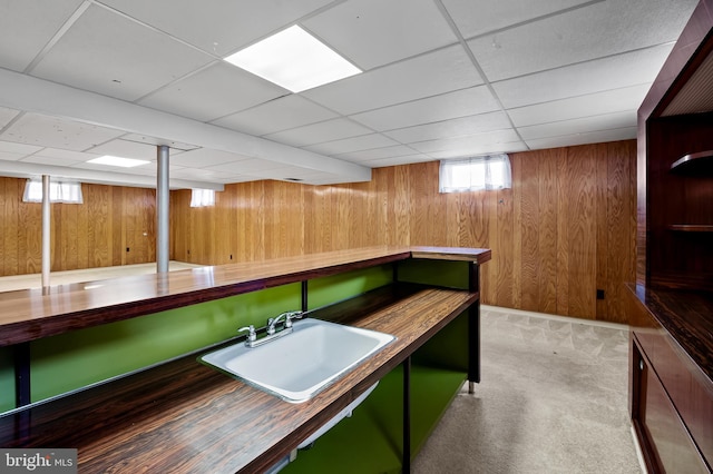 8320 Overmont, Parkville, MD 21234 - bar with a sink, wood walls, a paneled ceiling, carpet, and healthy amount of natural light