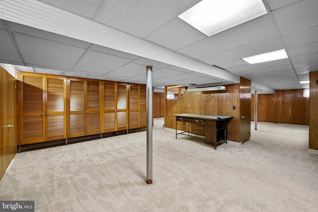 8320 Overmont, Parkville, MD 21234 - finished basement with a drop ceiling, carpet flooring, and wood walls
