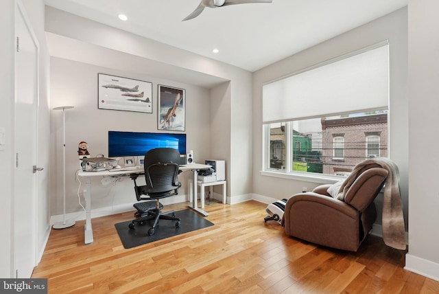 2811 Wharton St, Philadelphia, PA 19146 - home office featuring wood finished floors, baseboards, recessed lighting, and a ceiling fan
