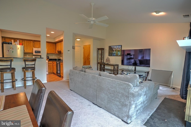 304 Trinity Ct Unit 11, Princeton, NJ 08540 - living room with ceiling fan, light carpet, vaulted ceiling, recessed lighting, and baseboards