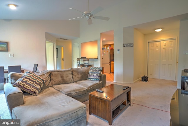 304 Trinity Ct Unit 11, Princeton, NJ 08540 - living area featuring ceiling fan, baseboards, light colored carpet, and high vaulted ceiling