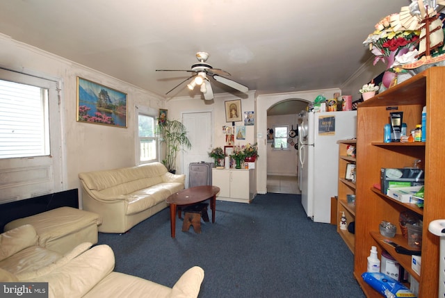 33 Adeline St, Trenton, NJ 08611 - living room with a ceiling fan, ornamental molding, arched walkways, and carpet floors